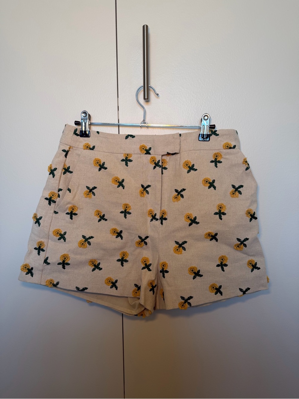 English Factory Cream High-Waist Shorts with Yellow Floral Embroidery
